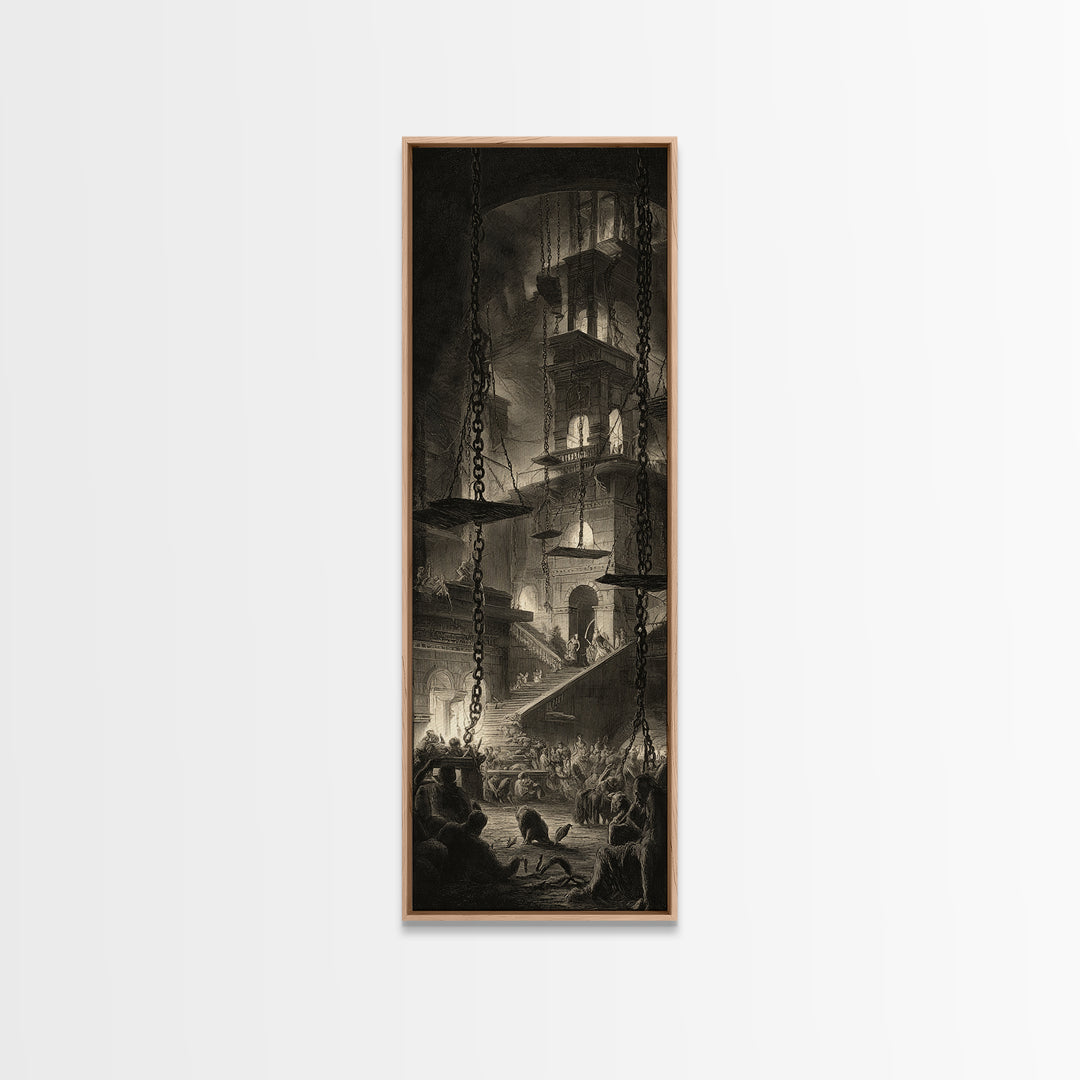 The Spider Sewing Circle, Architectural Etching Art, Tall Narrow Wall Art, Dark Halloween Decor, Canvas Print