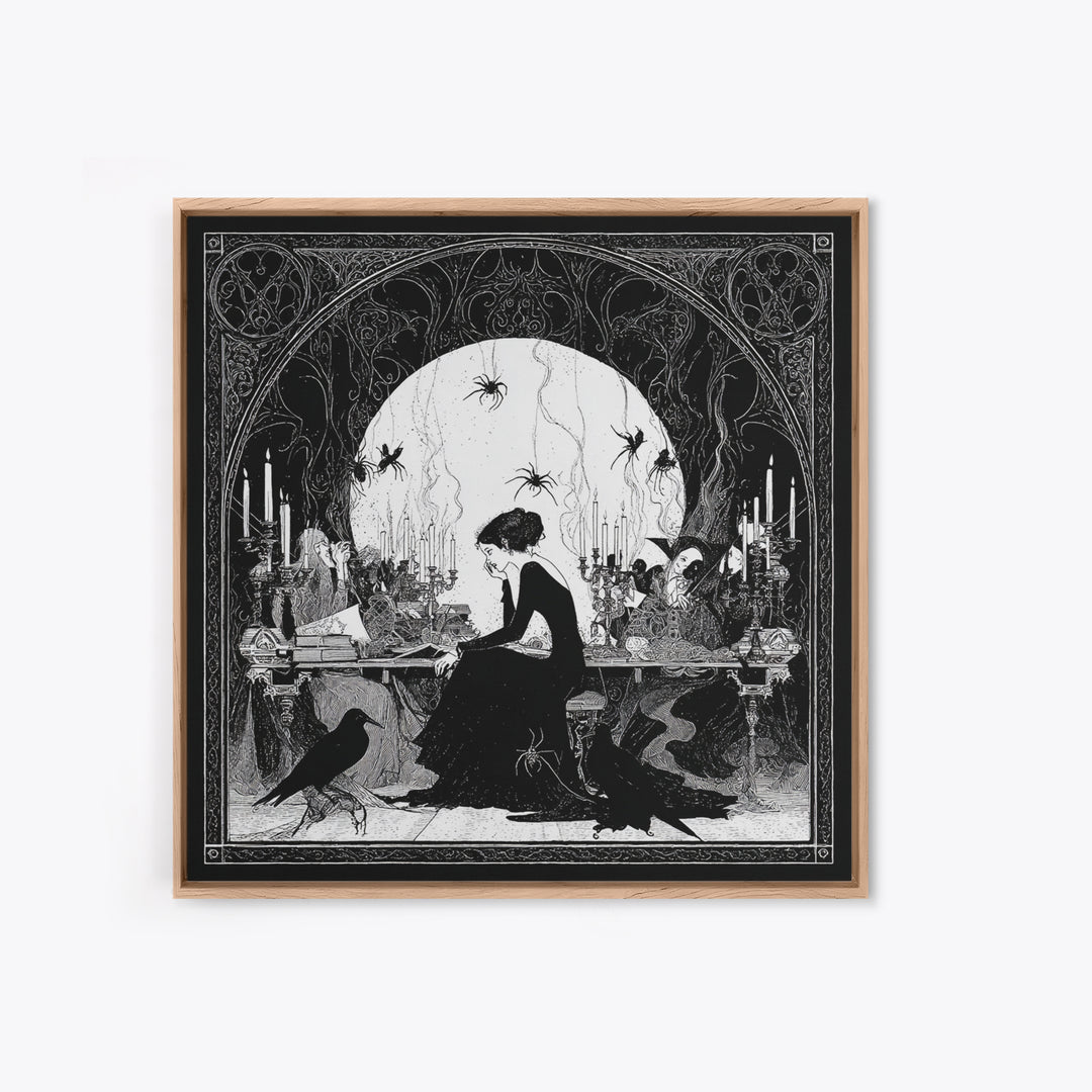 The Spider Sewing Circle, Decadent Line Art, Square Wall Art, Macabre Wall Art, Framed Canvas Print, Halloween Wall Art