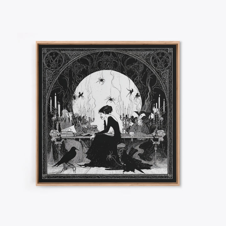 The Spider Sewing Circle, Decadent Line Art, Square Wall Art, Macabre Wall Art, Framed Canvas Print, Halloween Wall Art