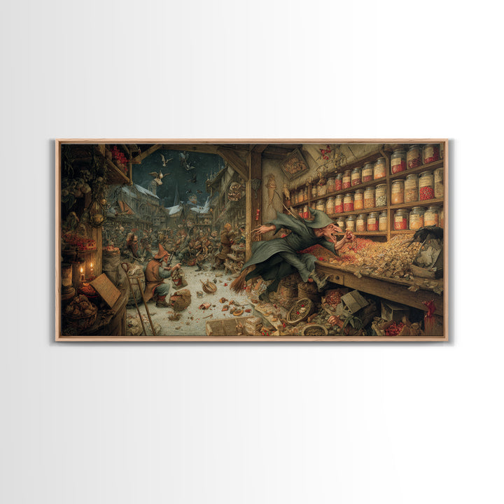 The Goblin Candy Shop, Northern Renaissance Horror, Wide Panoramic Art, Gothic Horror Wall Art, Framed Canvas Print