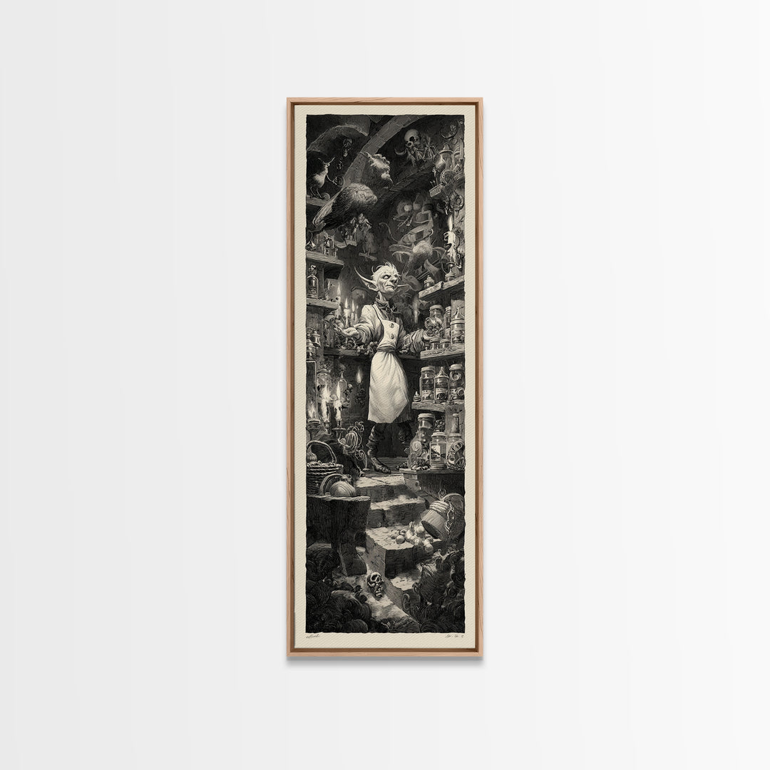 The Goblin Candy Shop, Architectural Etching Art, Tall Narrow Wall Art, Dark Halloween Decor, Canvas Print, Halloween Wall Art