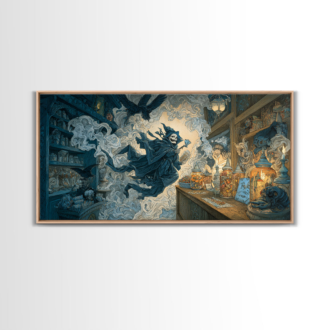 The Goblin Candy Shop, Macabre Folk Print Art, Wide Panoramic Art, Gothic Horror Wall Art, Framed Canvas Print