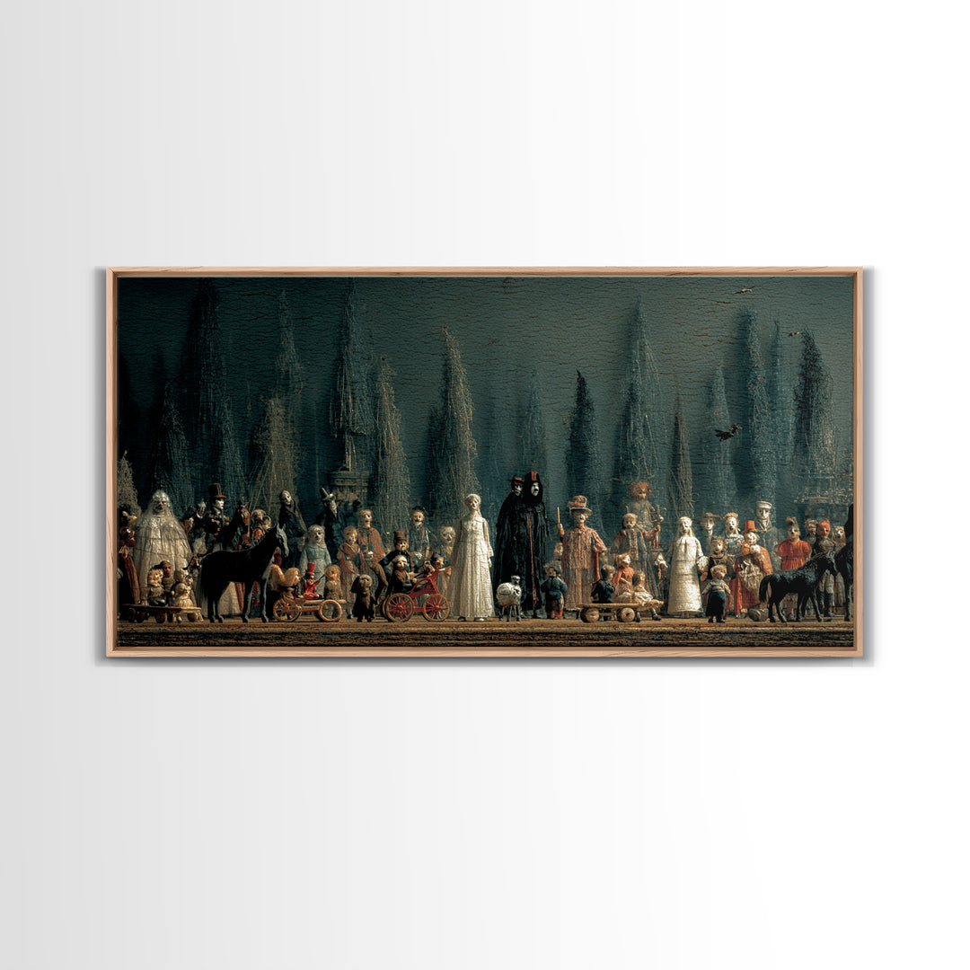 The Haunted Toy Parade, Symbolist Gothic Landscape, Wide Panoramic Art, Gothic Horror Wall Art, Framed Canvas Print, Halloween Wall Art