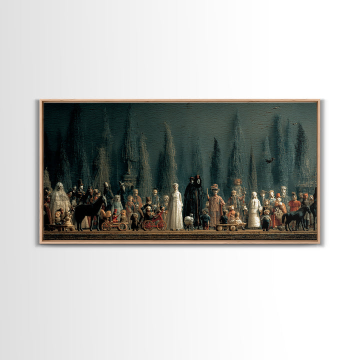 The Haunted Toy Parade, Symbolist Gothic Landscape, Wide Panoramic Art, Gothic Horror Wall Art, Framed Canvas Print, Halloween Wall Art