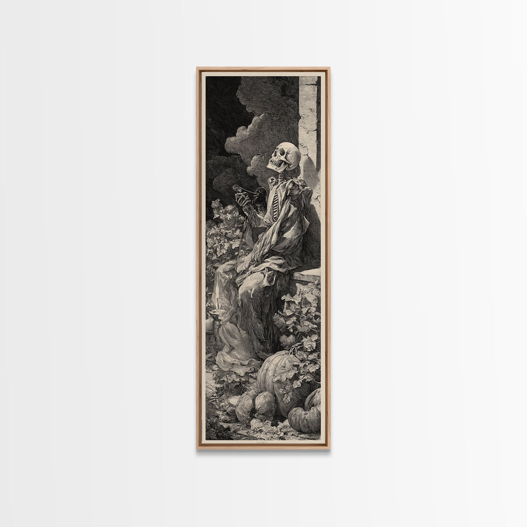 The Skeleton Gardeners, Gothic Engraving Art, Tall Narrow Wall Art, Dark Halloween Decor, Framed Canvas Print, Halloween Wall Art