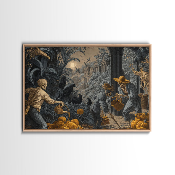 The Skeleton Gardeners, Architectural Etching Art, Landscape Wall Art, Dark Halloween Decor, Canvas Print, Halloween Wall Art