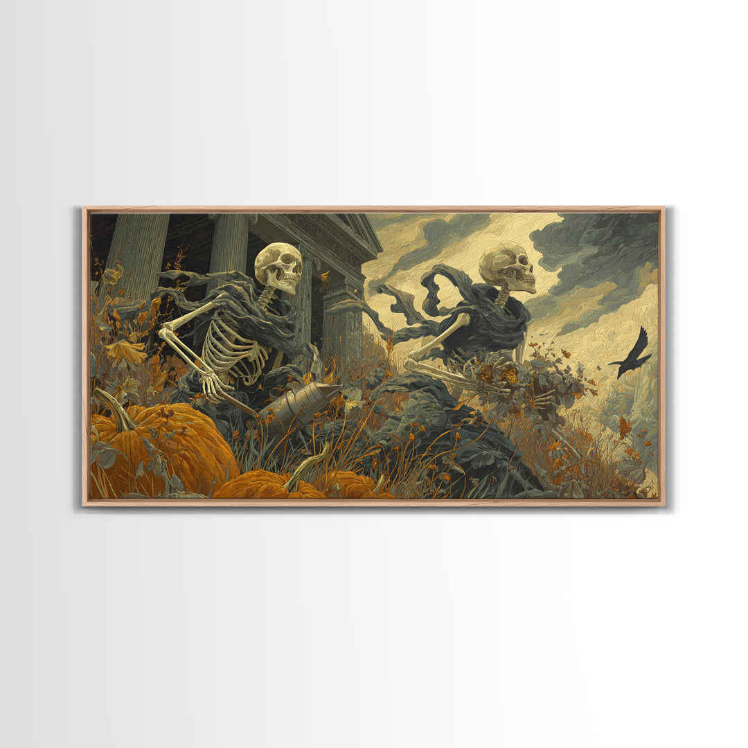 The Skeleton Gardeners, Apocalyptic Romantic Art, Wide Panoramic Art, Gothic Horror Wall Art, Framed Canvas Print, Halloween Wall Art