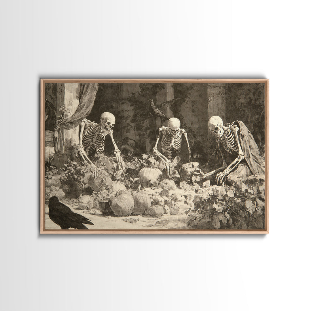 The Skeleton Gardeners, Decadent Gothic Art, Landscape Wall Art, Gothic Horror Wall Art, Framed Canvas Print, Halloween Wall Art
