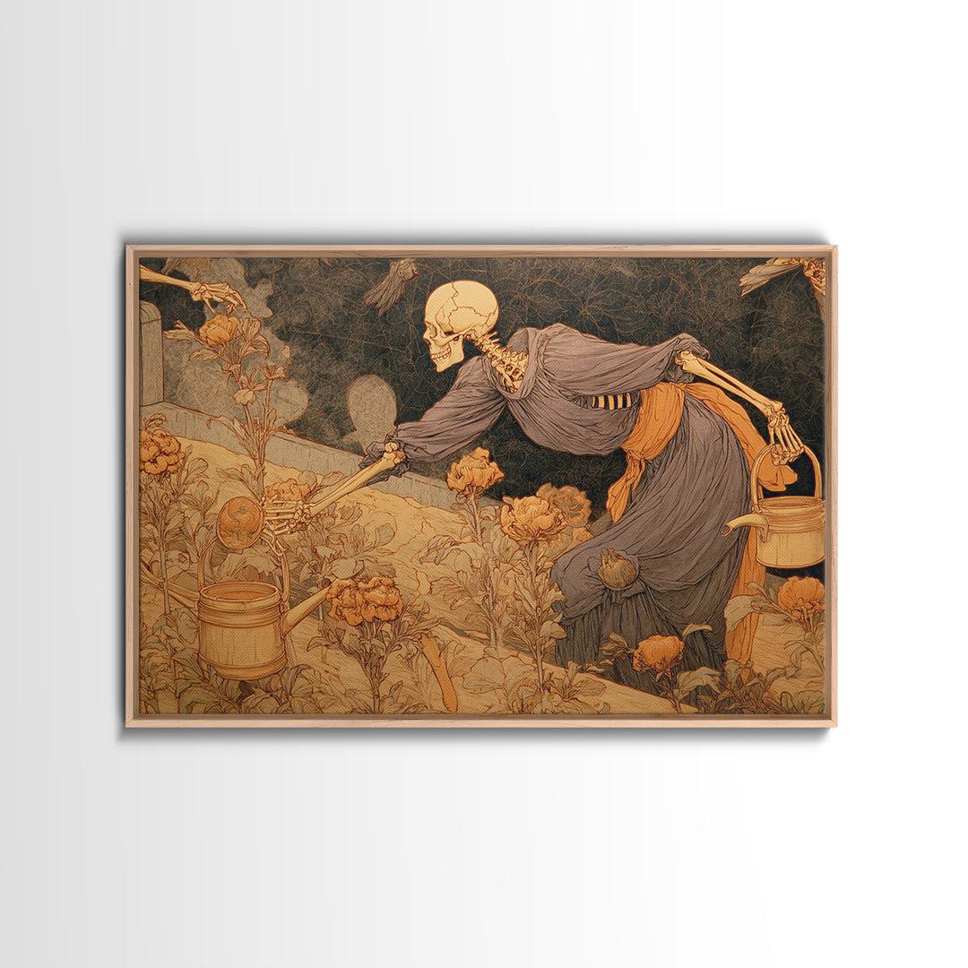 The Skeleton Gardeners, Symbolist Death Art, Landscape Wall Art, Dark Halloween Decor, Framed Canvas Print, Halloween Wall Art