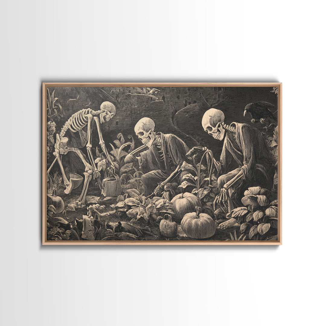 The Skeleton Gardeners, Symbolist Etching Art, Landscape Wall Art, Gothic Horror Wall Art, Framed Canvas Print, Halloween Wall Art