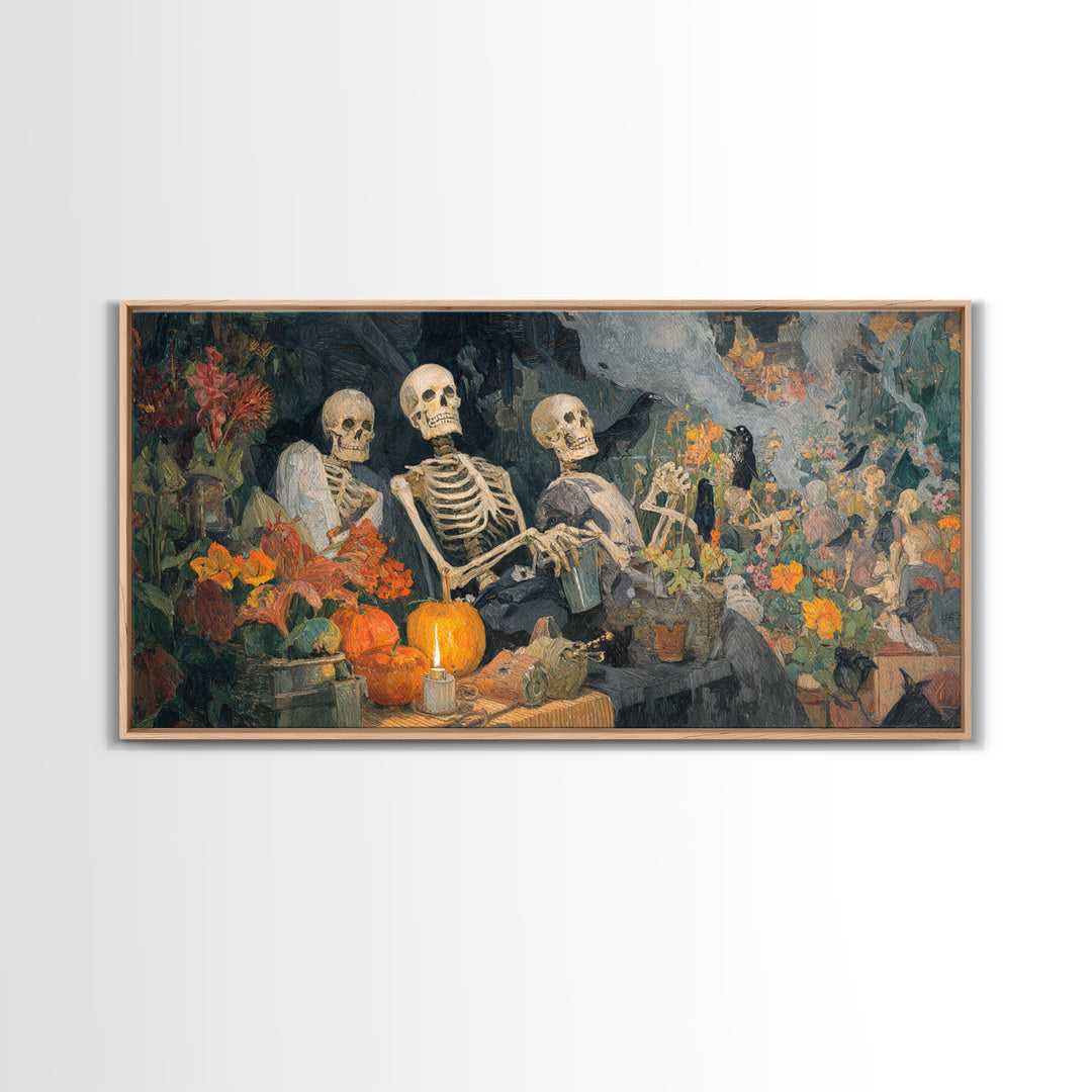 The Skeleton Gardeners, Grotesque Carnival Art, Wide Panoramic Art, Gothic Horror Wall Art, Framed Canvas Print, Halloween Wall Art