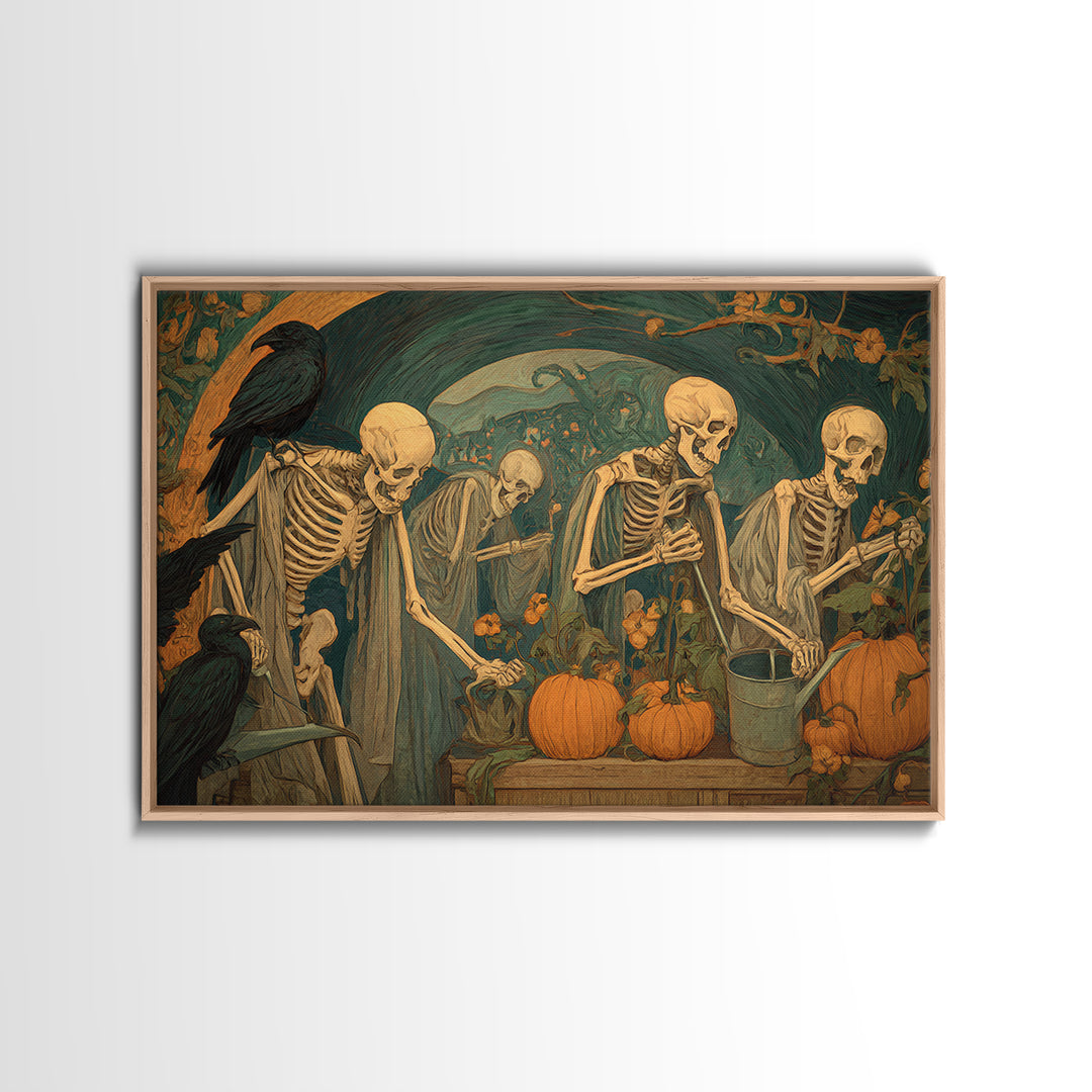 The Skeleton Gardeners, Expressionist Gothic Art, Landscape Wall Art, Dark Fantasy Wall Art, Framed Canvas Print, Halloween Wall Art