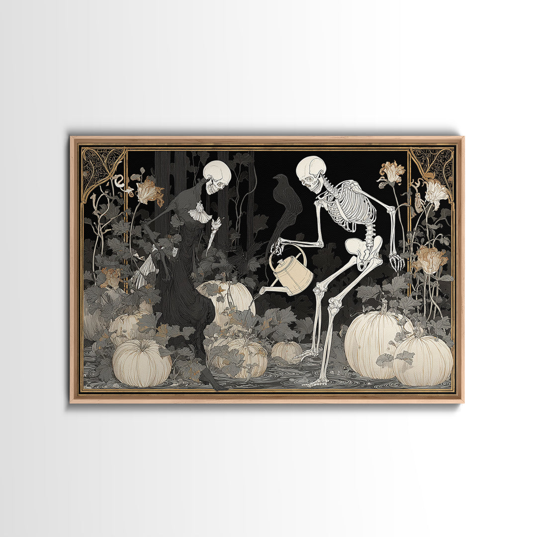The Skeleton Gardeners, Decadent Line Art, Landscape Wall Art, Gothic Horror Wall Art, Framed Canvas Print, Halloween Wall Art