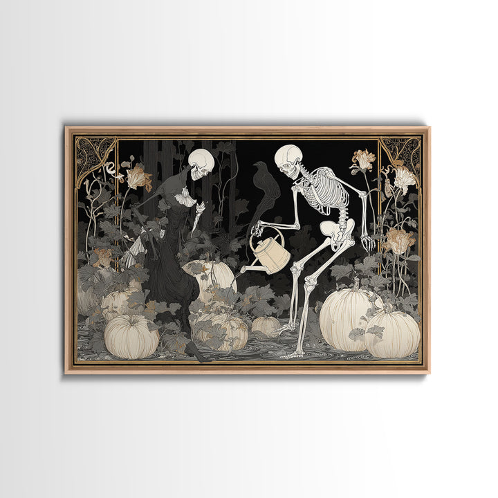 The Skeleton Gardeners, Decadent Line Art, Landscape Wall Art, Gothic Horror Wall Art, Framed Canvas Print, Halloween Wall Art