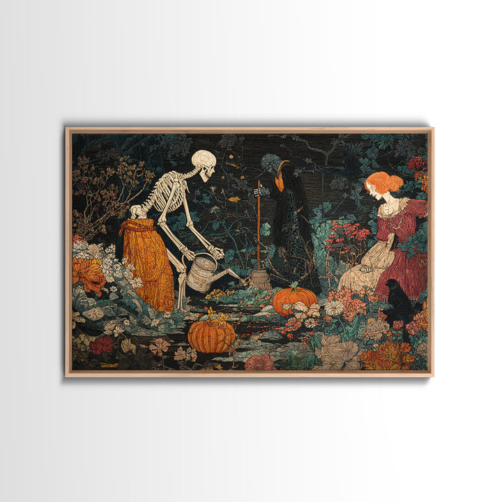The Skeleton Gardeners, Stained Glass Gothic Art, Landscape Wall Art, Gothic Horror Wall Art, Canvas Print, Halloween Wall Art