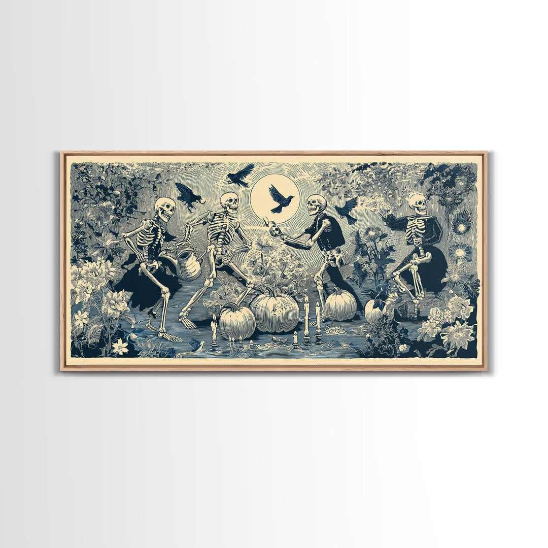 The Skeleton Gardeners, Macabre Folk Print Art, Wide Panoramic Art, Macabre Wall Art, Canvas Print, Halloween Wall Art