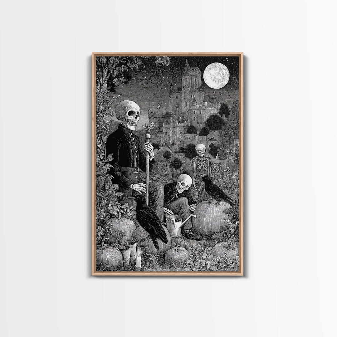 The Skeleton Gardeners, Victorian Macabre Art, Vertical Wall Art, Dark Fantasy Wall Art, Canvas Print, Halloween Wall Art