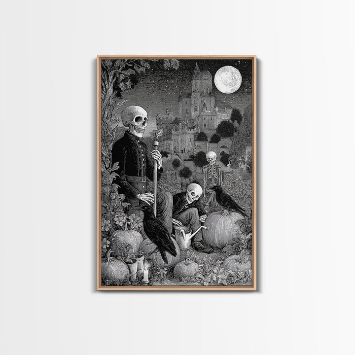 The Skeleton Gardeners, Victorian Macabre Art, Vertical Wall Art, Dark Fantasy Wall Art, Canvas Print, Halloween Wall Art