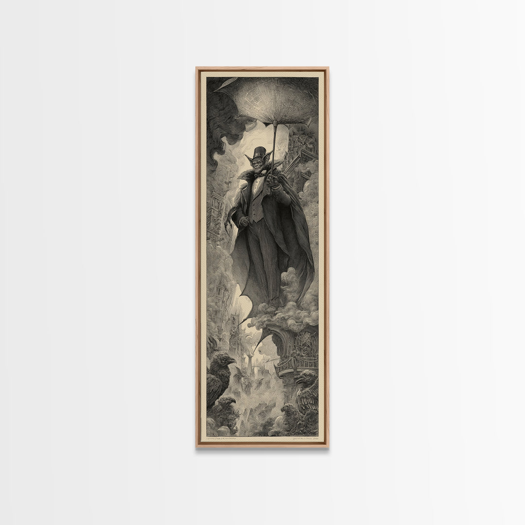 The Bat Umbrella Salesman, Gothic Engraving Art, Tall Narrow Wall Art, Macabre Wall Art, Canvas Print, Halloween Wall Art