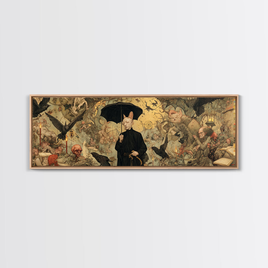 The Bat Umbrella Salesman, Medieval Grotesque Art, Extra Wide Wall Art, Gothic Horror Wall Art, Canvas Print, Halloween Wall Art