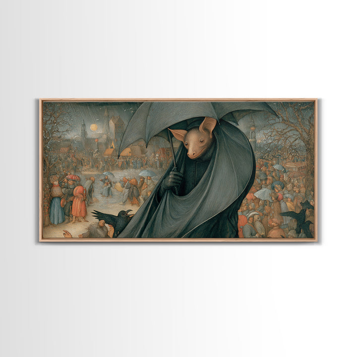 The Bat Umbrella Salesman, Northern Renaissance Horror, Wide Panoramic Art, Gothic Horror Wall Art, Framed Canvas Print
