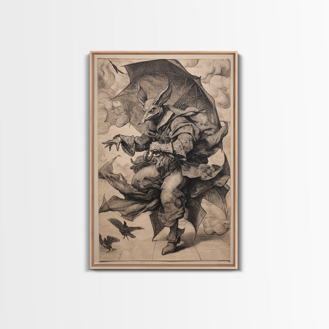 The Bat Umbrella Salesman, Renaissance Engraving Art, Vertical Wall Art, Dark Halloween Decor, Framed Canvas Print, Halloween Wall Art