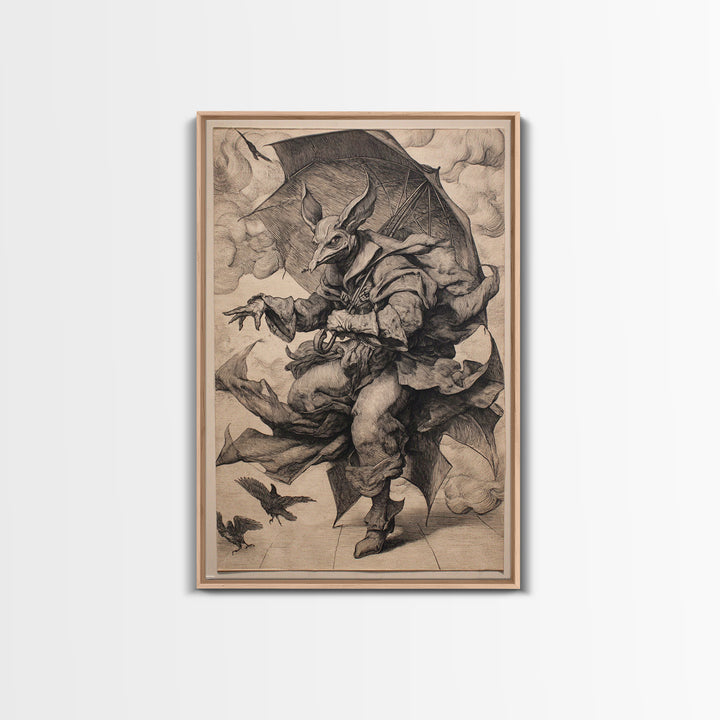 The Bat Umbrella Salesman, Renaissance Engraving Art, Vertical Wall Art, Dark Halloween Decor, Framed Canvas Print, Halloween Wall Art