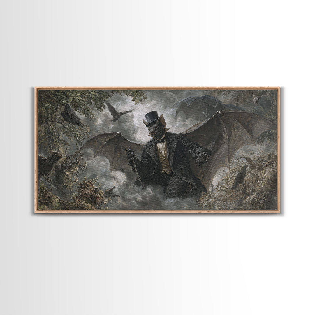 The Bat Umbrella Salesman, Baroque Witchcraft Art, Wide Panoramic Art, Dark Fantasy Wall Art, Canvas Print, Halloween Wall Art