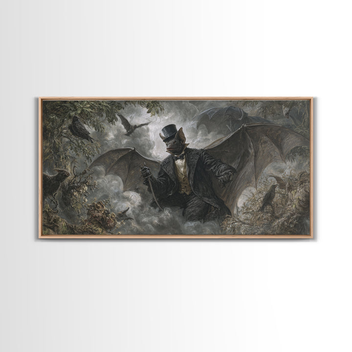 The Bat Umbrella Salesman, Baroque Witchcraft Art, Wide Panoramic Art, Dark Fantasy Wall Art, Canvas Print, Halloween Wall Art