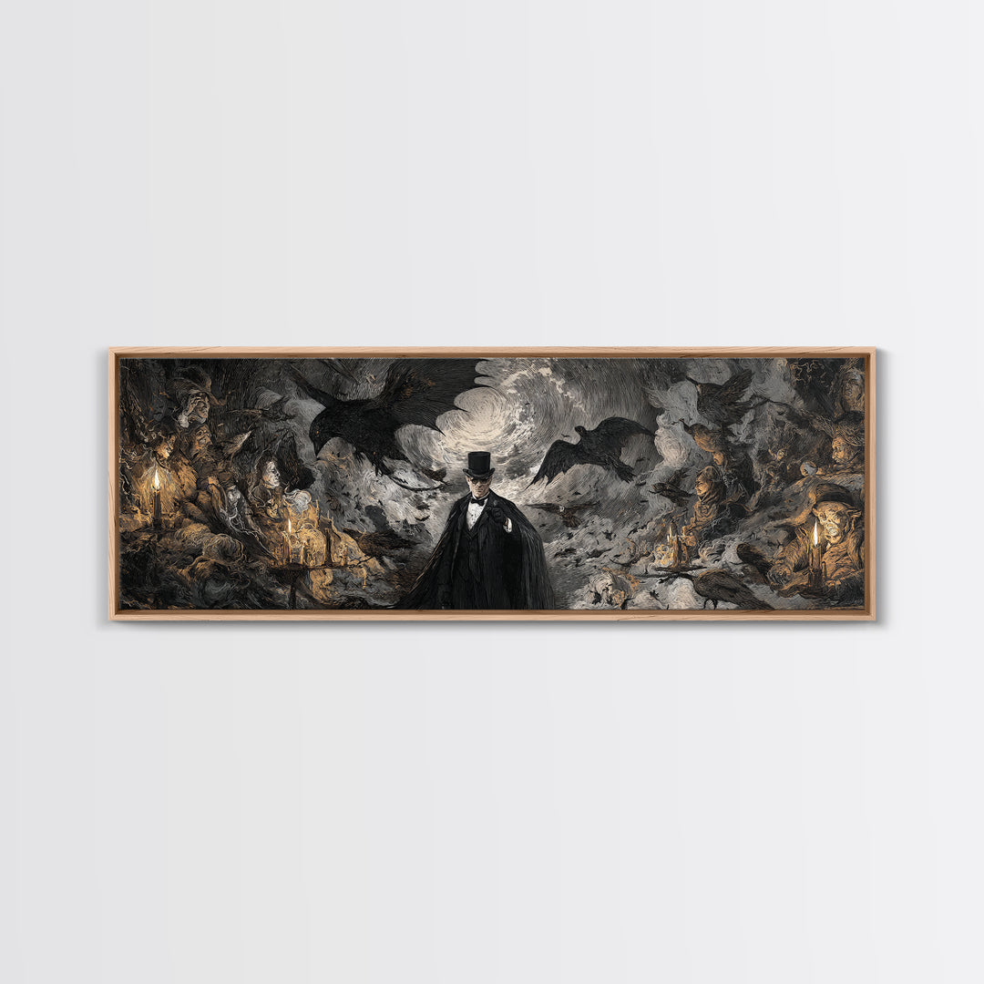 The Bat Umbrella Salesman, Dark Romantic Horror Art, Extra Wide Wall Art, Dark Halloween Decor, Canvas Print, Halloween Wall Art