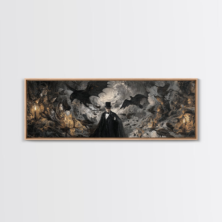 The Bat Umbrella Salesman, Dark Romantic Horror Art, Extra Wide Wall Art, Dark Halloween Decor, Canvas Print, Halloween Wall Art