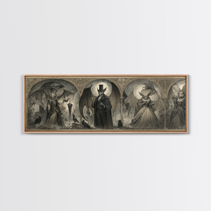 The Bat Umbrella Salesman, Visionary Gothic Art, Extra Wide Wall Art, Dark Halloween Decor, Framed Canvas Print, Halloween Wall Art