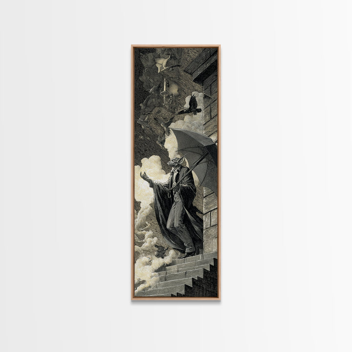 The Bat Umbrella Salesman, Architectural Etching Art, Tall Narrow Wall Art, Macabre Wall Art, Framed Canvas Print