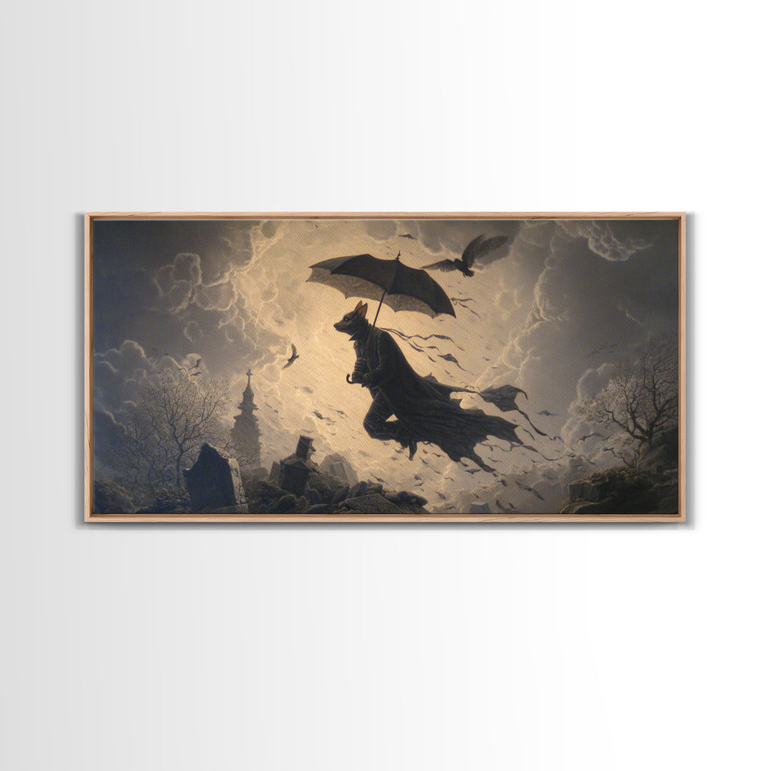 The Bat Umbrella Salesman, Romantic Gothic Landscape, Wide Panoramic Art, Dark Fantasy Wall Art, Canvas Print, Halloween Wall Art