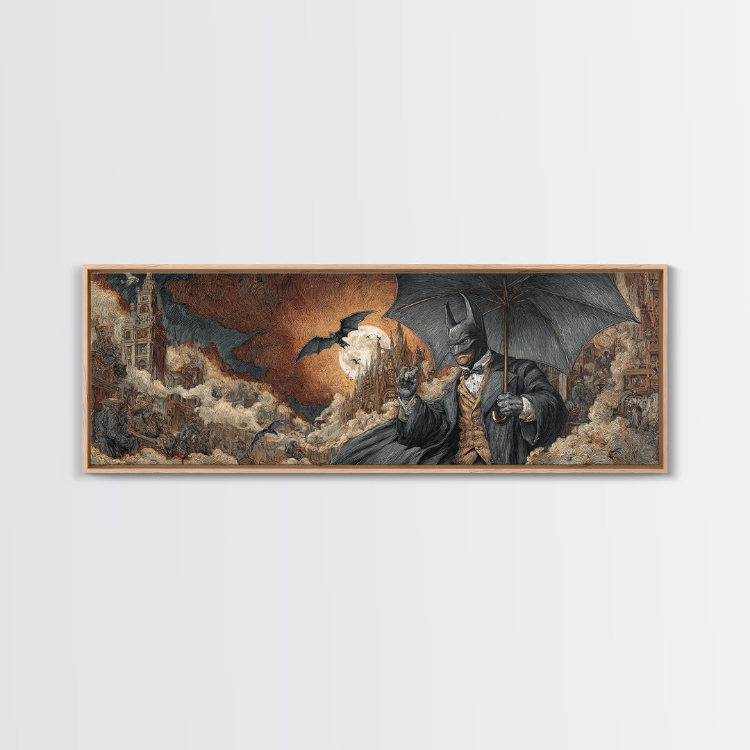The Bat Umbrella Salesman, Apocalyptic Romantic Art, Extra Wide Wall Art, Macabre Wall Art, Framed Canvas Print, Halloween Wall Art
