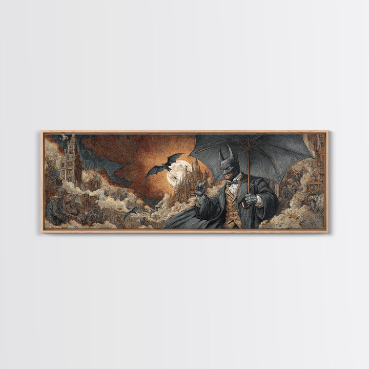 The Bat Umbrella Salesman, Apocalyptic Romantic Art, Extra Wide Wall Art, Macabre Wall Art, Framed Canvas Print, Halloween Wall Art