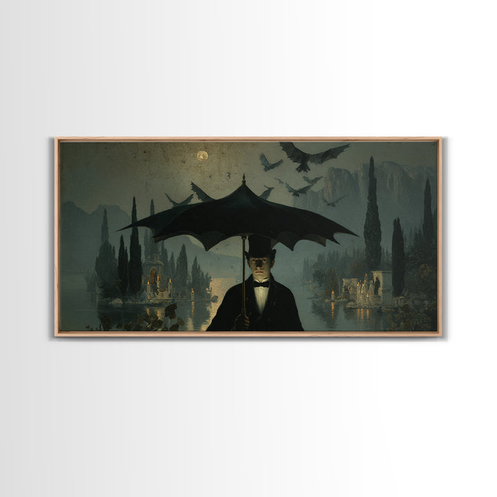 The Bat Umbrella Salesman, Symbolist Gothic Landscape, Wide Panoramic Art, Dark Halloween Decor, Canvas Print, Halloween Wall Art