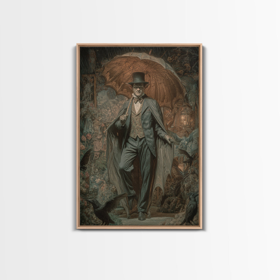 The Bat Umbrella Salesman, Ornate Symbolist Art, Vertical Wall Art, Gothic Horror Wall Art, Framed Canvas Print, Halloween Wall Art