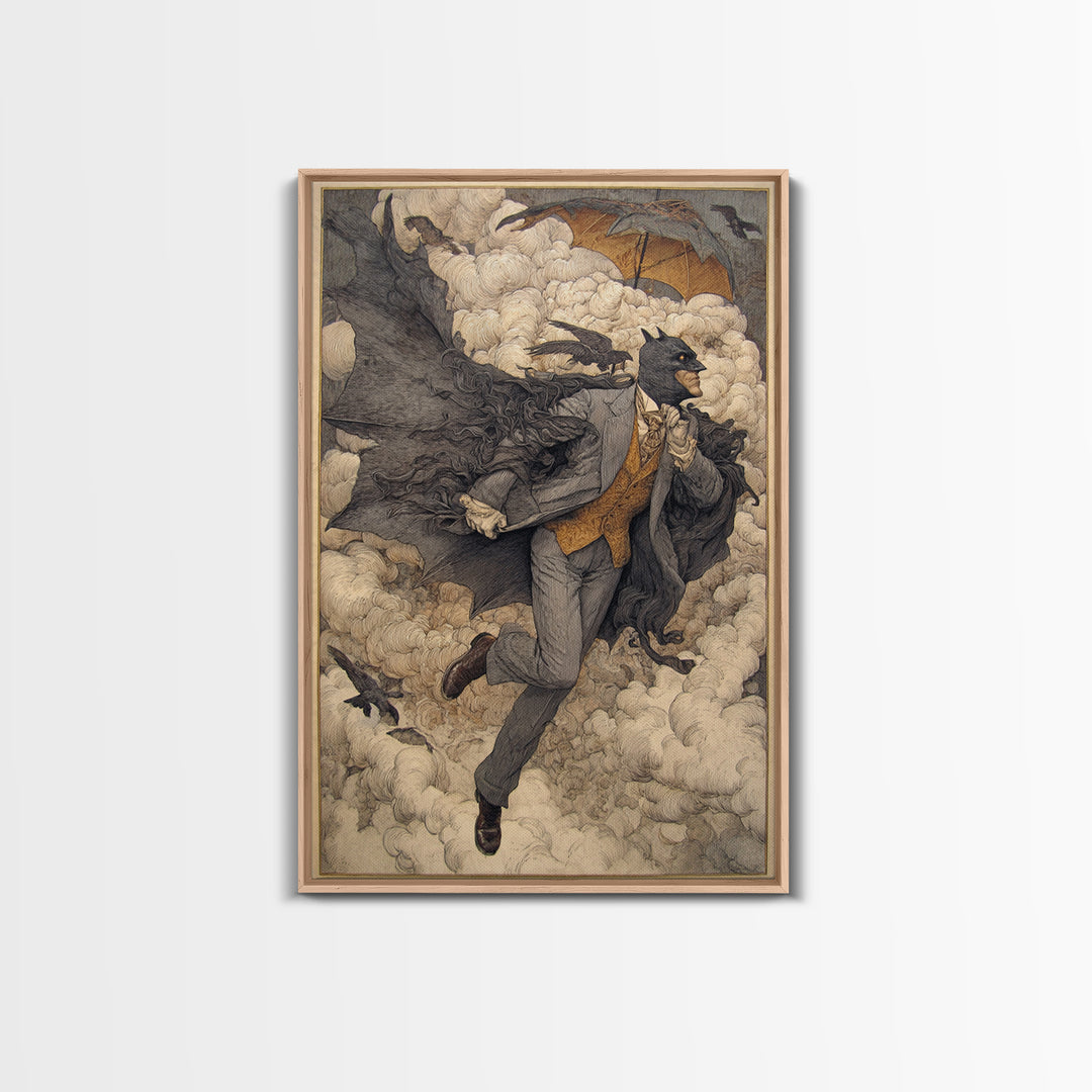 The Bat Umbrella Salesman, Symbolist Death Art, Vertical Wall Art, Dark Fantasy Wall Art, Canvas Print, Halloween Wall Art