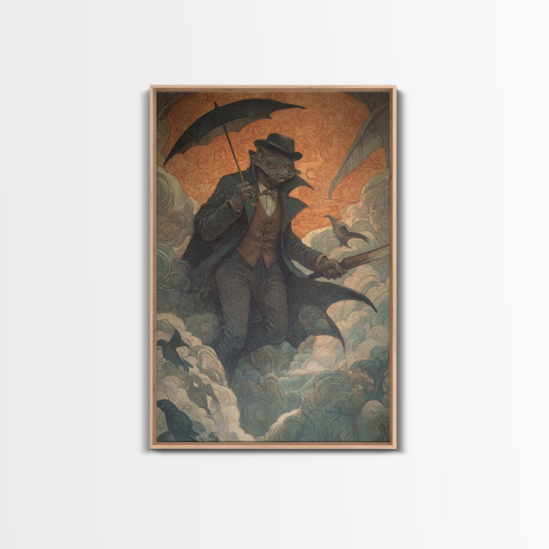 The Bat Umbrella Salesman, Dark Symbolist Art, Vertical Wall Art, Gothic Horror Wall Art, Canvas Print, Halloween Wall Art