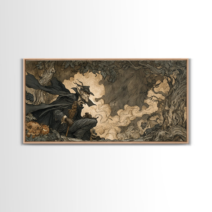 The Bat Umbrella Salesman, Gothic Storybook Art, Wide Panoramic Art, Dark Fantasy Wall Art, Framed Canvas Print, Halloween Wall Art