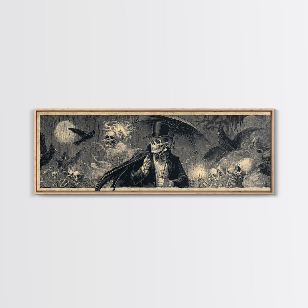 The Bat Umbrella Salesman, Macabre Folk Print Art, Extra Wide Wall Art, Dark Fantasy Wall Art, Canvas Print, Halloween Wall Art