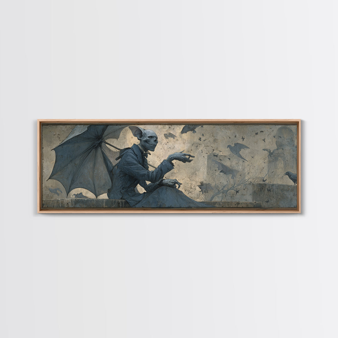 The Bat Umbrella Salesman, Surreal Apocalyptic Art, Extra Wide Wall Art, Macabre Wall Art, Framed Canvas Print, Halloween Wall Art