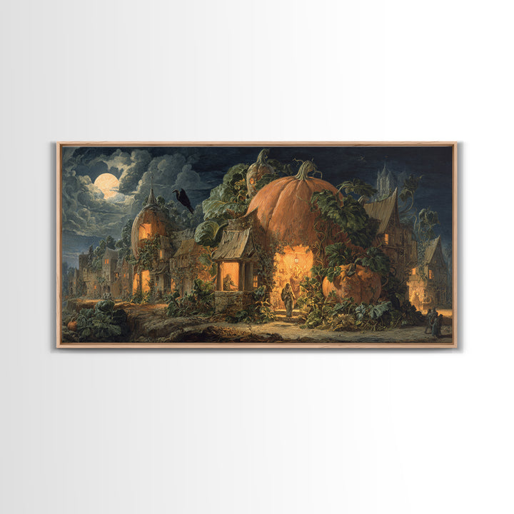 The Pumpkin-House Neighborhood, Dark Renaissance Art, Wide Panoramic Art, Dark Halloween Decor, Framed Canvas Print