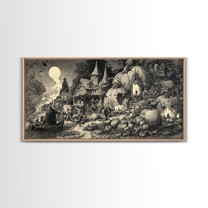 The Pumpkin-House Neighborhood, Renaissance Engraving Art, Wide Panoramic Art, Dark Halloween Decor, Canvas Print, Halloween Wall Art