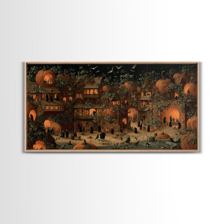 The Pumpkin-House Neighborhood, Danse Macabre Art, Wide Panoramic Art, Macabre Wall Art, Framed Canvas Print