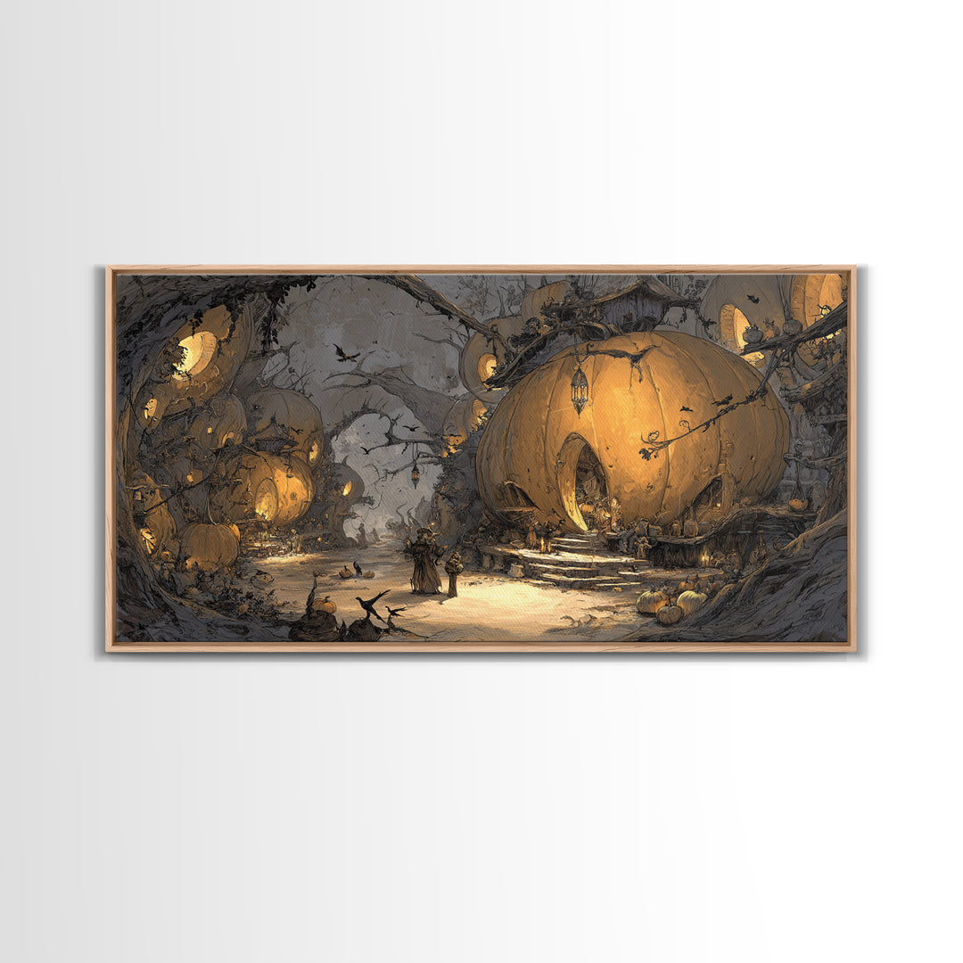 The Pumpkin-House Neighborhood, Baroque Witchcraft Art, Wide Panoramic Art, Dark Halloween Decor, Framed Canvas Print