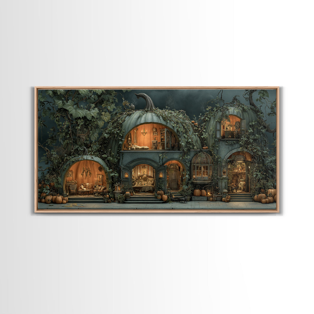 The Pumpkin-House Neighborhood, Gothic Nightmare Art, Wide Panoramic Art, Dark Halloween Decor, Canvas Print, Halloween Wall Art