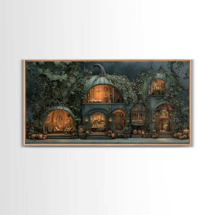 The Pumpkin-House Neighborhood, Gothic Nightmare Art, Wide Panoramic Art, Dark Halloween Decor, Canvas Print, Halloween Wall Art