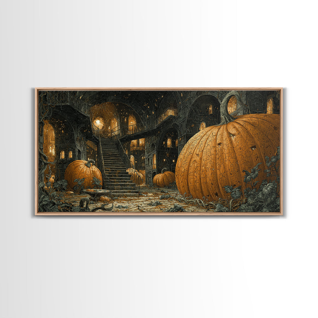 The Pumpkin-House Neighborhood, Architectural Etching Art, Wide Panoramic Art, Gothic Horror Wall Art, Canvas Print
